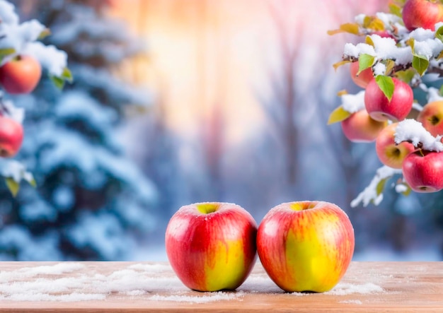 Fresh apples on a wooden table in the snow season