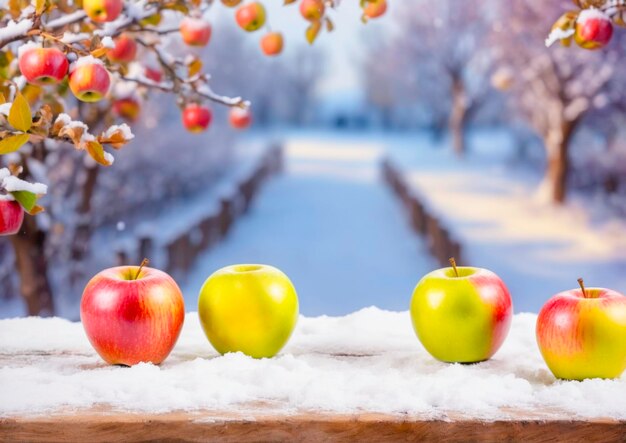 Fresh apples on a wooden table in the snow season