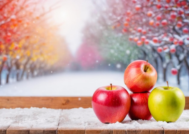 Fresh apples on a wooden table in the snow season