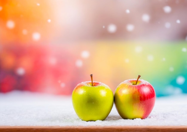 Fresh apples on a wooden table in the snow season