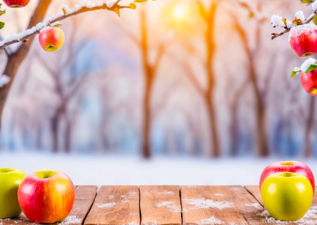 Fresh apples on a wooden table in the snow season