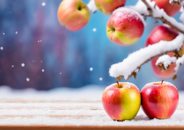 Fresh apples on a wooden table in the snow season