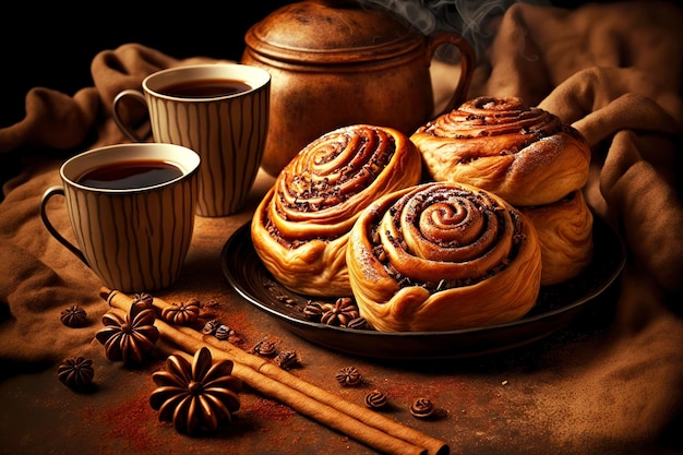 Fresh aromatic cinnamon buns as dessert for coffee