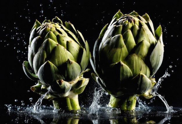 Fresh artichokes splashing water on black background