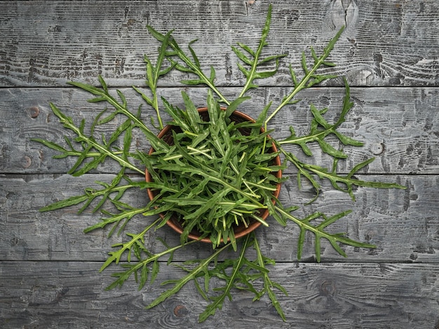 Fresh arugula scattered around a clay bowl on a wooden background Flat lay