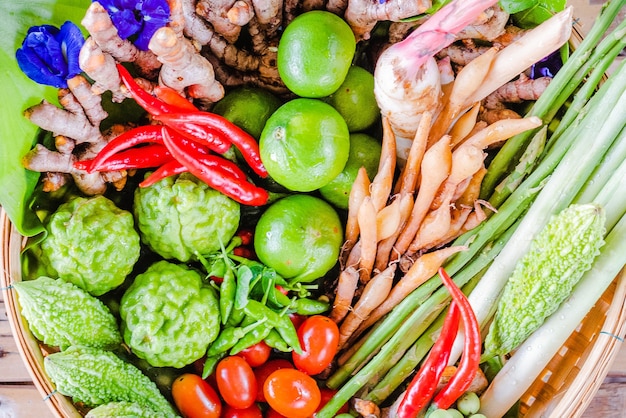 Fresh Asian herb and spicy ingredients food in bamboo basket