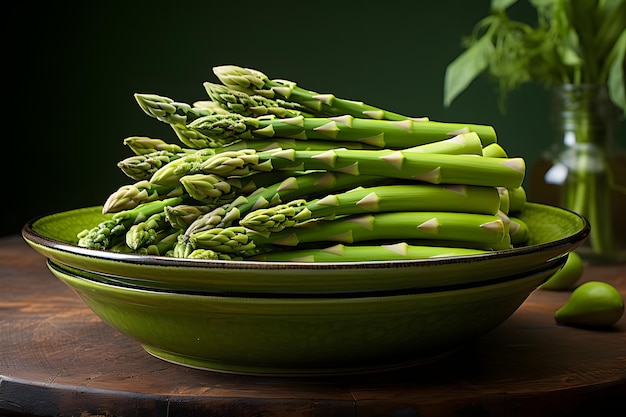 Fresh asparagus in a green kitchen table green background