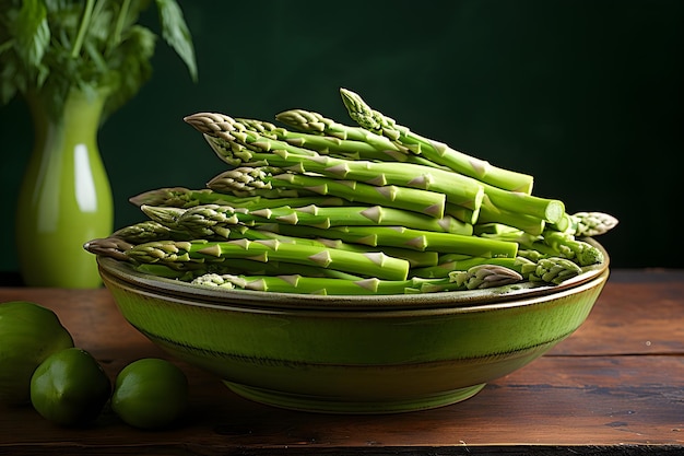 Fresh asparagus in a green kitchen table green background