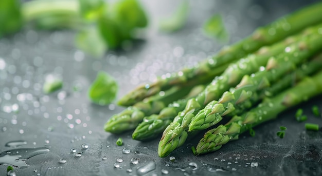 Photo fresh asparagus stalks with pea shoots on a dark surface