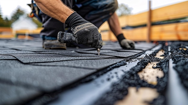 Fresh asphalt tar tiles are being put in by tradesperson using airpowered nailer