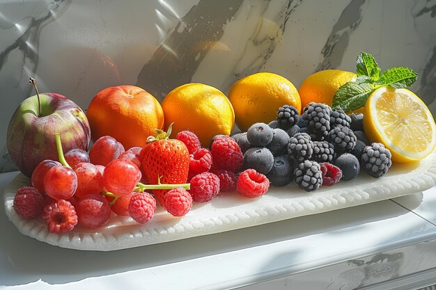 Fresh Assorted Fruits on Marble Background with Natural Light