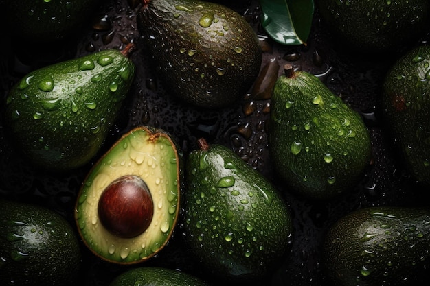 Fresh Avocado adorned with glistening droplets of water created with Generative AI technology