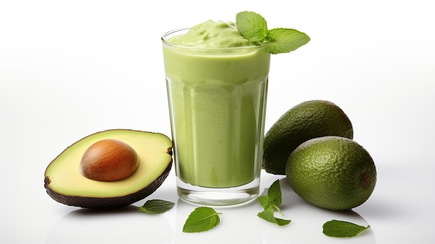 Fresh Avocado and glass of fresh juice on white background AI generated image