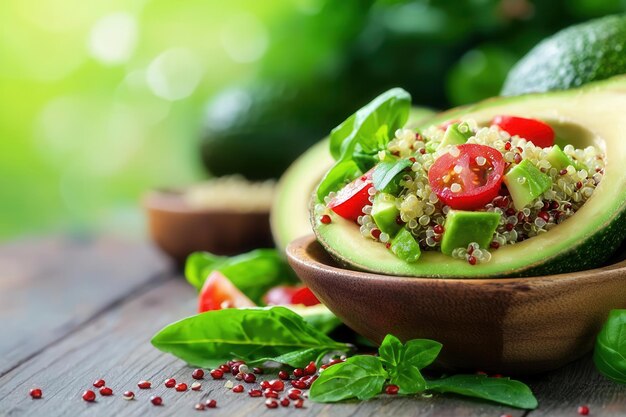 Photo fresh avocado half filled with quinoa cherry tomatoes and basil on a wooden table showcasing healthy eating and vibrant colors