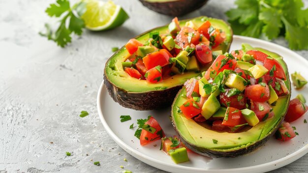 Fresh avocado halves filled with diced tomatoes cilantro and lime