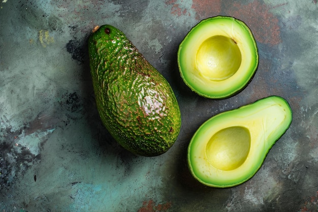 Fresh avocado halves on textured background