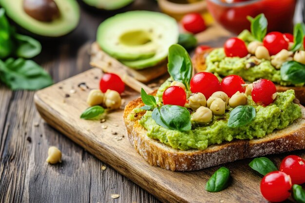 Photo fresh avocado hummus toast topped with cherry tomatoes and basil