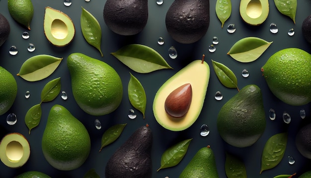 Fresh avocado pattern on a dark background flat lay Al generated