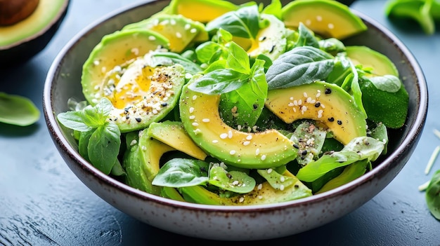 Photo fresh avocado salad with basil and sesame seeds