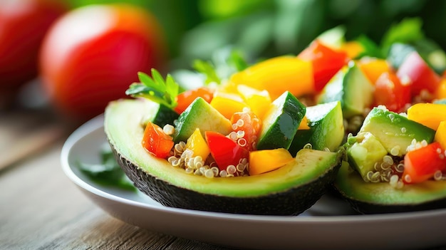 Photo fresh avocado salad with colorful vegetables and quinoa served on a rustic plate perfect for healthy eating