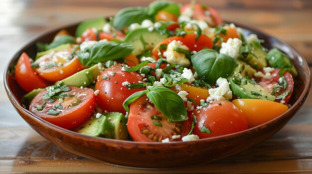 Photo fresh avocado tomato salad with goat cheese and basil served in rustic bowl