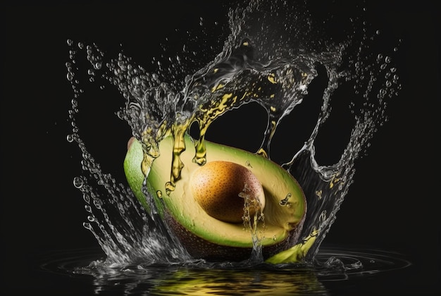 Fresh avocado with water splash isolated on black background generative ai