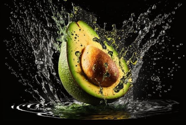 Fresh avocado with water splash isolated on black background generative ai