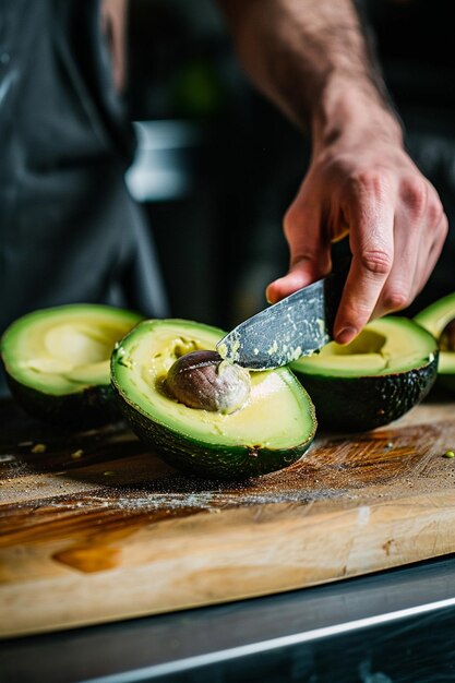 Photo fresh avocado on a wooden board closeup top view