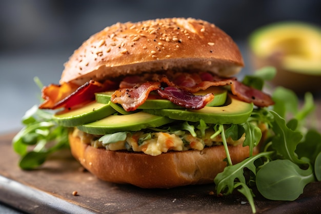 Fresh bagel with bacon avocado cheese and green salad on wooden plate close up on dark background AI generated