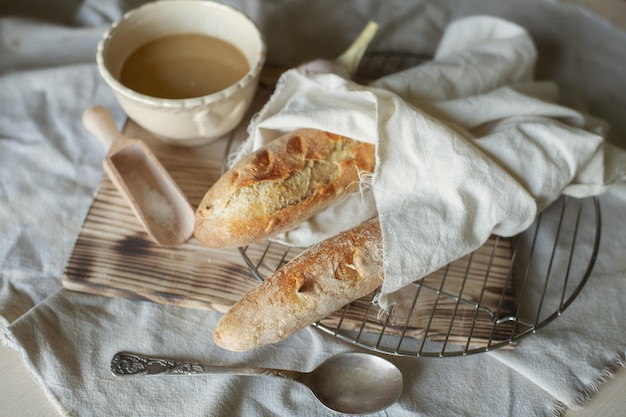 fresh baguette handmade bread in rustic style