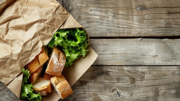 Photo fresh baguette sandwiches with lettuce on wooden surface brown wrapping paper