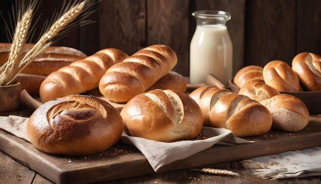 Fresh baked bakery bread and buns wheat in wooden rustic table background landscape wallpaper