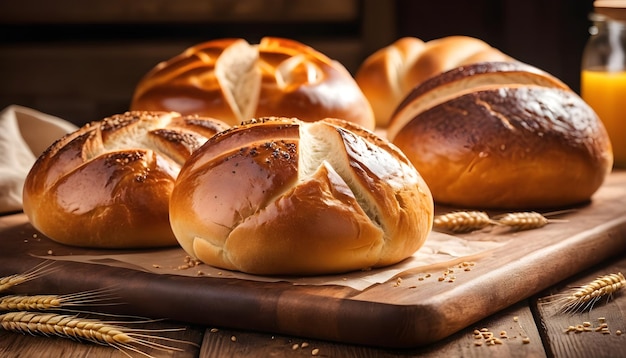 Fresh baked bakery bread and buns wheat in wooden rustic table background landscape wallpaper