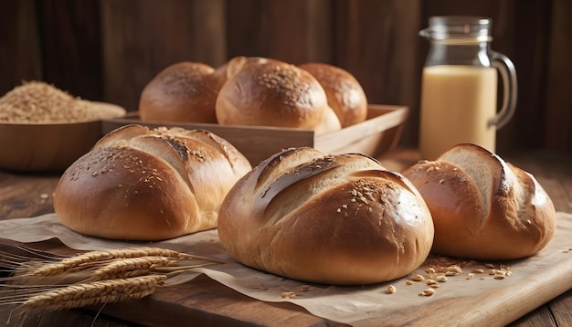 Fresh baked bakery bread and buns wheat in wooden rustic table background landscape wallpaper