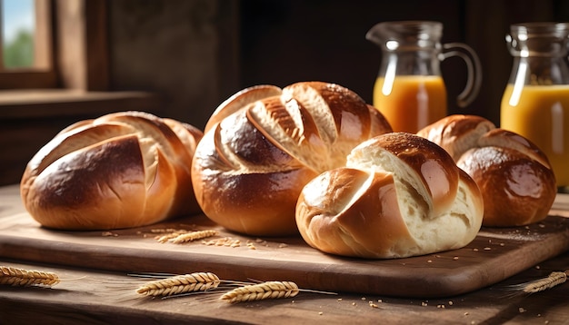 Fresh baked bakery bread and buns wheat in wooden rustic table background landscape wallpaper