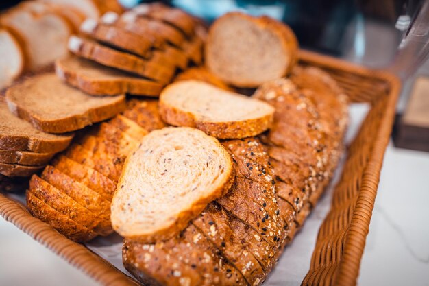 Fresh baked bread on a display in bakery