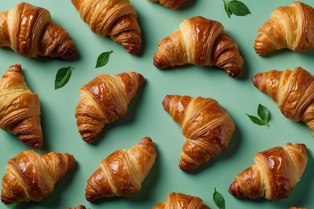 Fresh Baked Croissant on Green Background