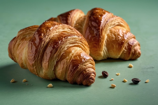 Fresh Baked Croissant on Green Background