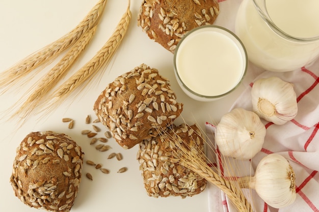 Fresh baked garlic buns and milk