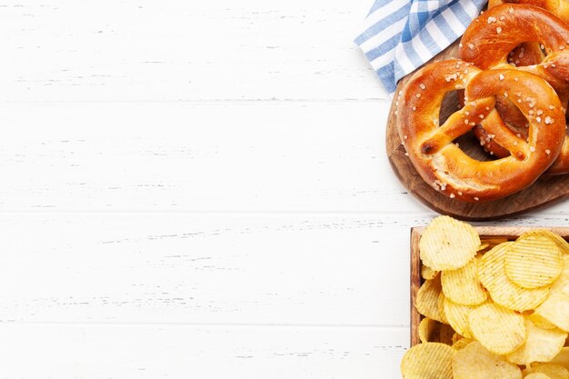 Fresh baked homemade pretzel and potato chips