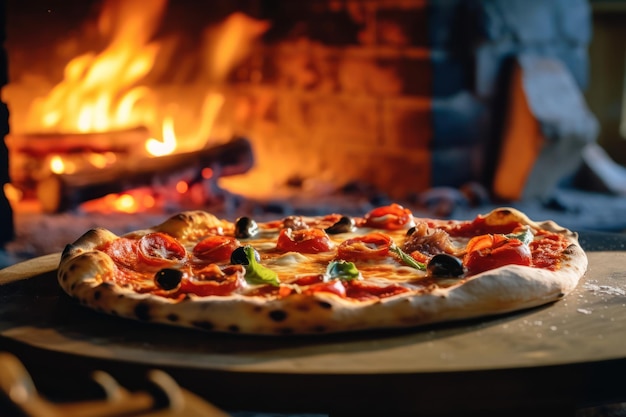 Fresh baked pizza closeup traditional wood fired oven background Generative AI