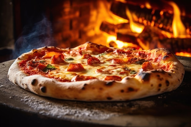 Fresh baked pizza closeup traditional wood fired oven background Generative AI