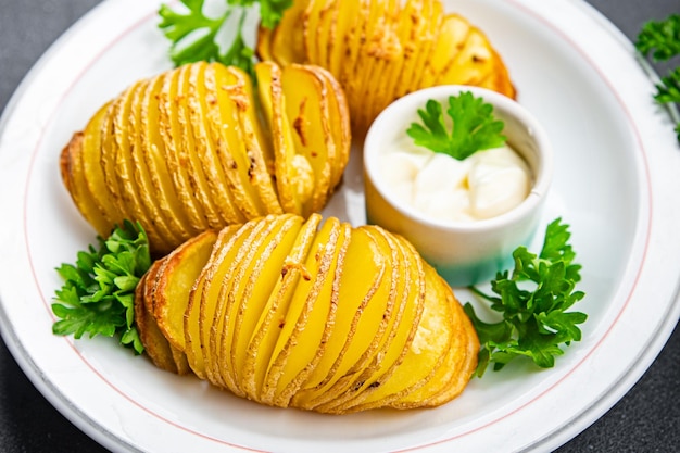 fresh baked potato slice accordion vegetable meal food snack on the table copy space food