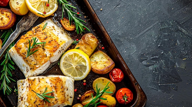 Photo fresh baked salmon with herbs and spices on a black background