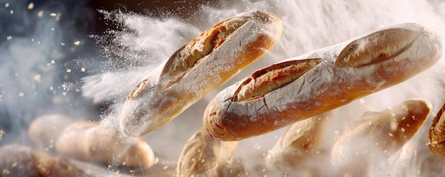 Photo fresh bakery bread and baguettes flying in midair with a dusting of flour creating a rustic and