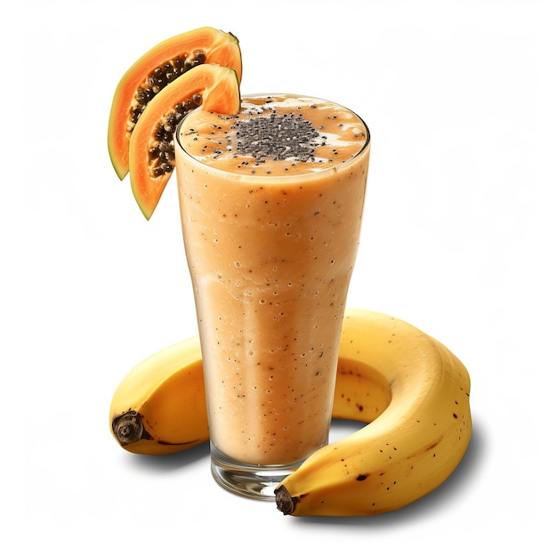 Fresh Banana and Papaya Smoothie isolated on white background