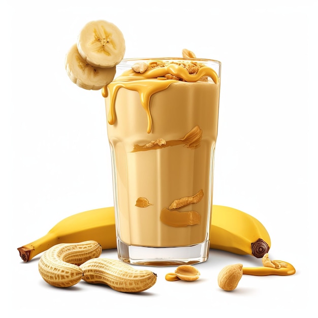 Fresh Banana and Peanut Butter Smoothie isolated on white background