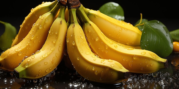 Fresh Bananas with Water Droplets Bunch of Banana Isolated on Black Background Generative AI