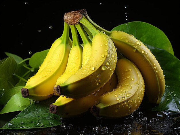 Fresh Bananas with Water Droplets Bunch of Banana Isolated on Black Background Generative AI