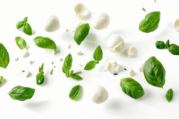 fresh basil leaves and mozzarella cheese balls suspended in midair Isolated on white background